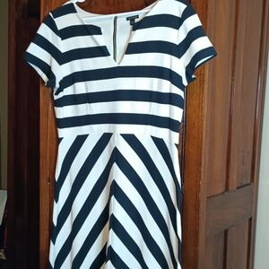 Ann Taylor Black and White Striped Midi Dress